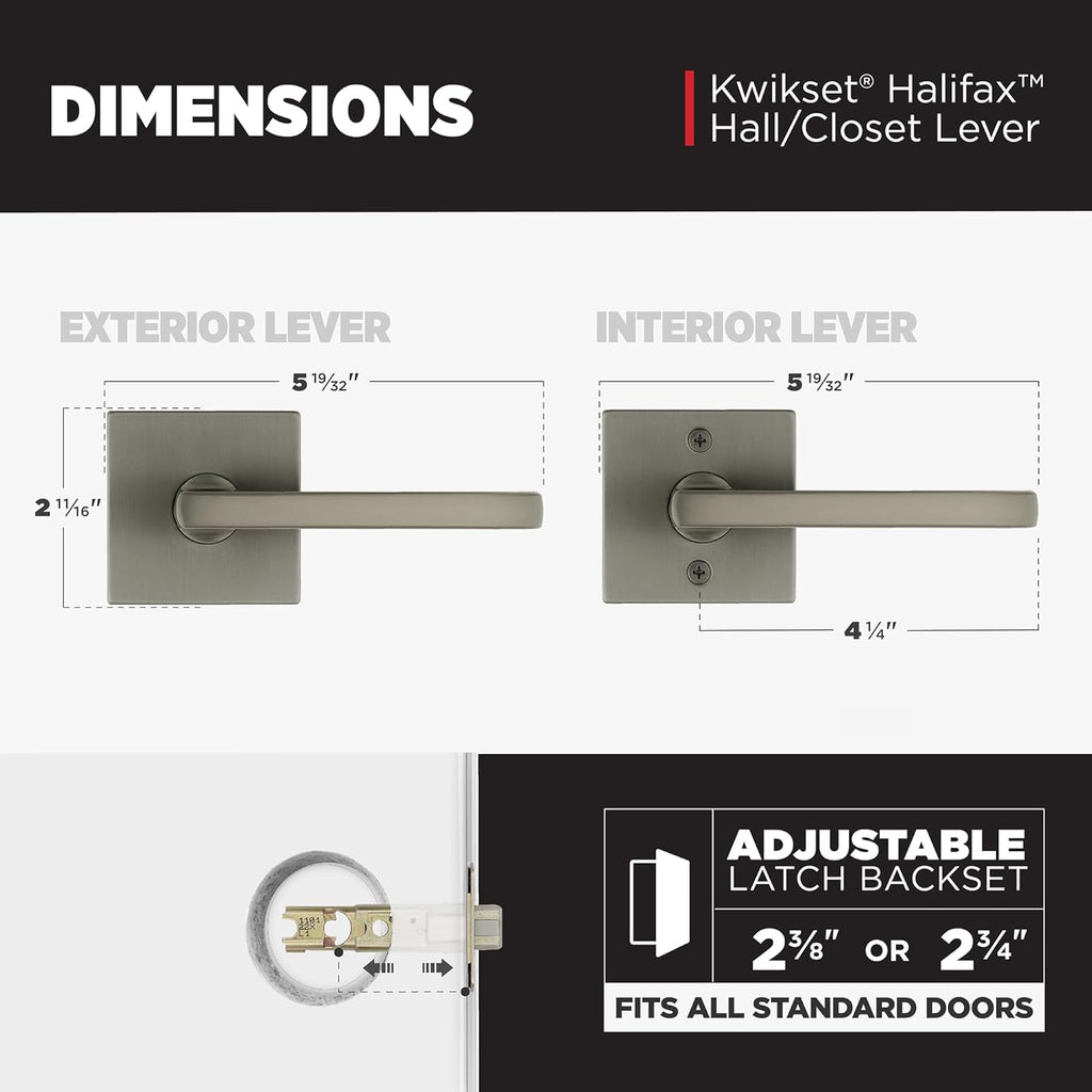 Kwikset Halifax Interior Square Passage Door Handle, Lever for Closet and Hallway Doors, Reversible Non-Locking Handle Lever, Gunmetal
