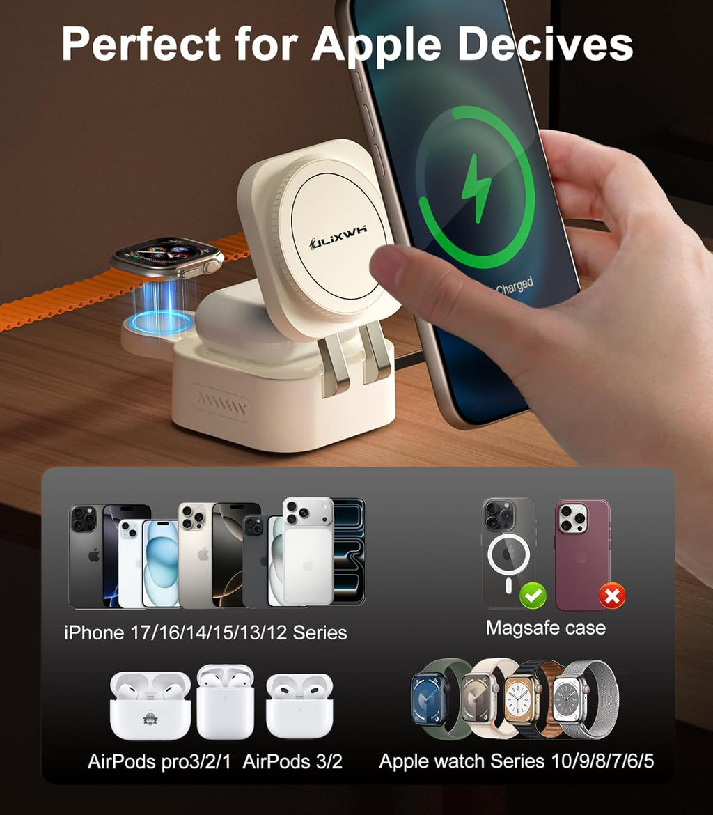 Retractable 3 in 1 Charging Station for Apple [Built in Cable] 22.5W Fast for Magsafe Wireless Charger, Travel Essentials, Magnetic Foldable Stand for iPhone 17 Air Pro Max 16 15 iWatch Airpods