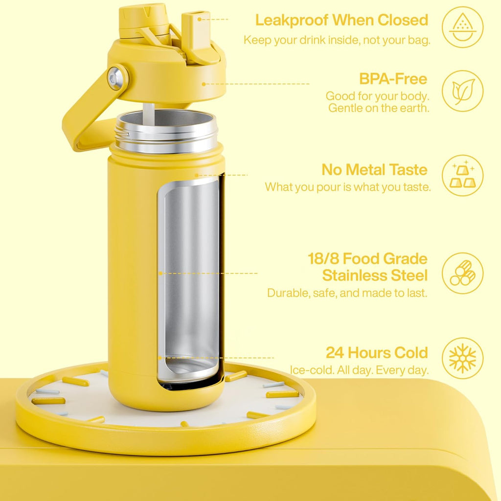 ENCOOL Insulated Water Bottle with Straw Stainless Steel Water Bottle, Leak-Proof, BPA-Free, Double Wall Vacuum Keeps Cold for 24 Hours for Sports, Travel, School (18 oz, Elfin Yellow)
