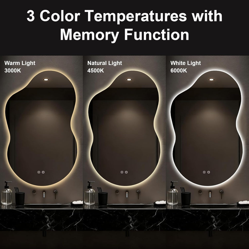 Asymmetrical Lighted Mirror for Bathroom,Modern LED Vanity Mirror with Backlit,Fog-Free,Tri-Color Dimmable Lighting with Memory Function,Hardwire Ready [Horizontal/Vertical] 48" H x 30" W