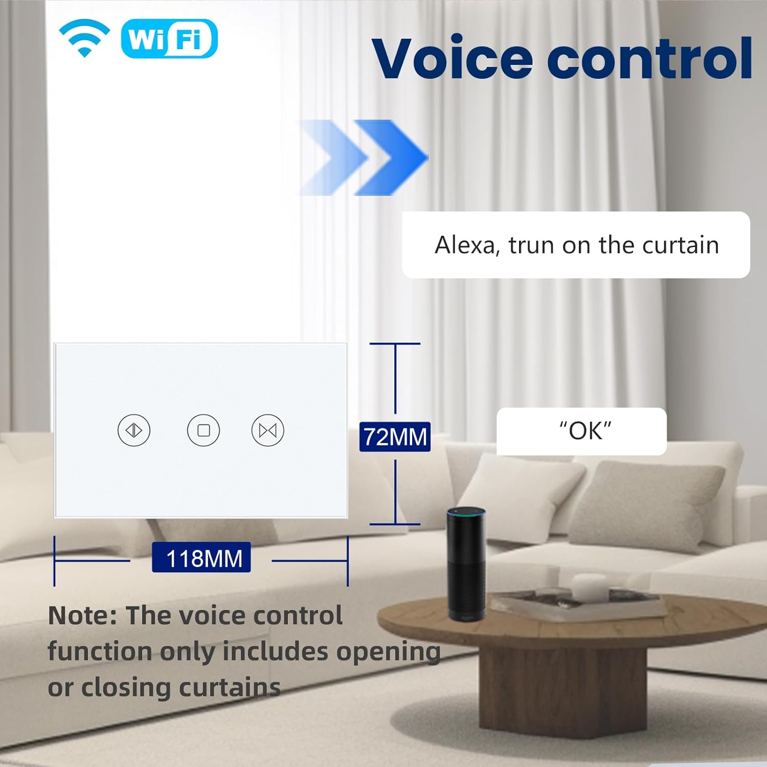 Smart Curtain Switch 118X72X34MM Neutral Wire Required, 2.4GHz WiFi,Tempered Glass Panel, Multi-Control Way Work with Alexa and Smart Life, White WiFi Curtain