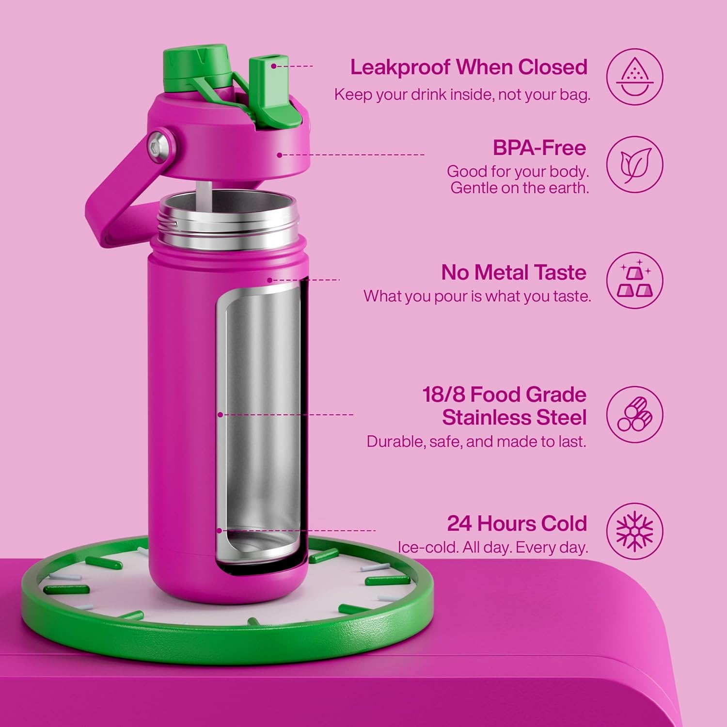 ENCOOL Insulated Water Bottle with Straw Stainless Steel Water Bottle, Leak-Proof, BPA-Free, Double Wall Vacuum Keeps Cold for 24 Hours for Sports, Travel, School (18 oz, Knockout Pink)