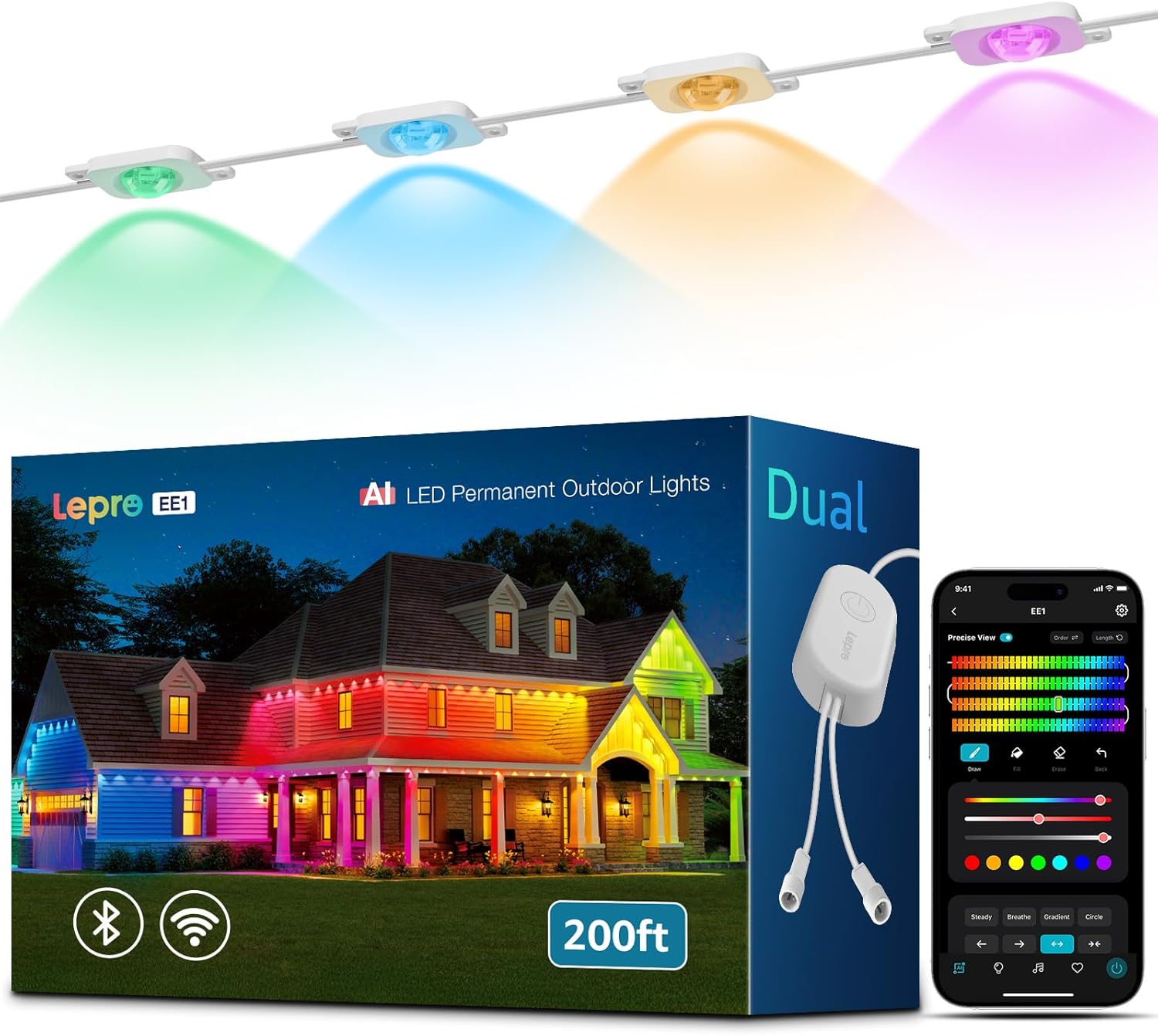 Lepro EE1 AI Permanent Outdoor Lights with Dual-Output, 200ft 120 LED RGB+IC Smart Outside Light for House Christmas Decor,Alexa Google Enabled 2.4 GHz WiFi/Bluetooth, APP Control No Remote Controller
