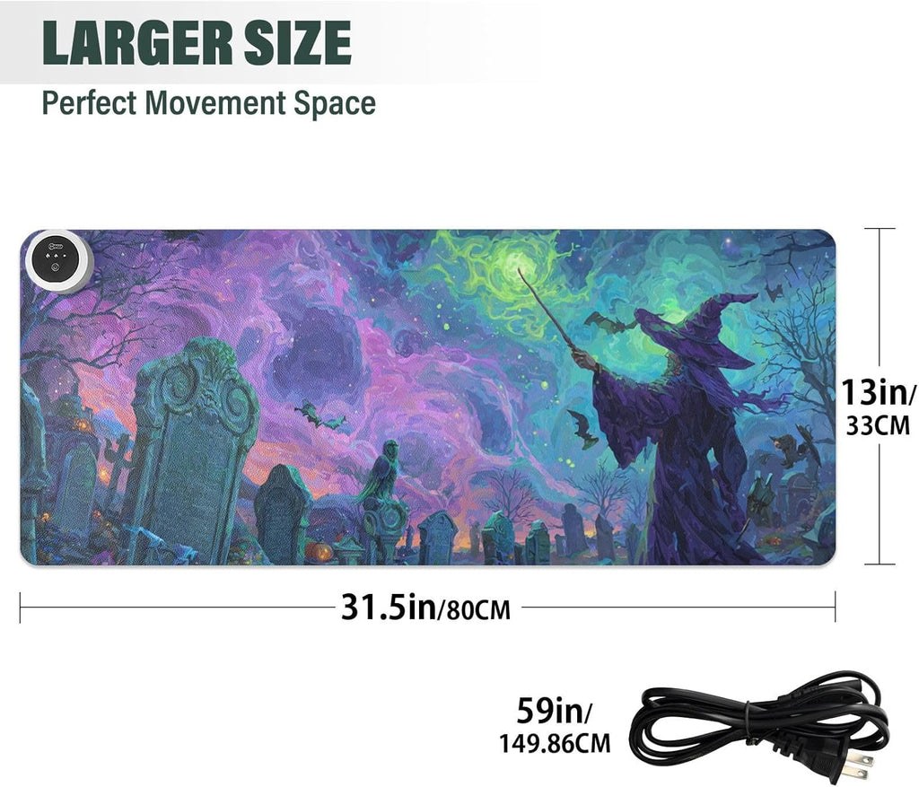 Heated Desk Pad Mouse Pad 31.5x13 Inch PU Leather Desk Mat with 3 Heat Levels Large Mouse Gaming Computer Laptop Mat Halloween Graveyard Purple
