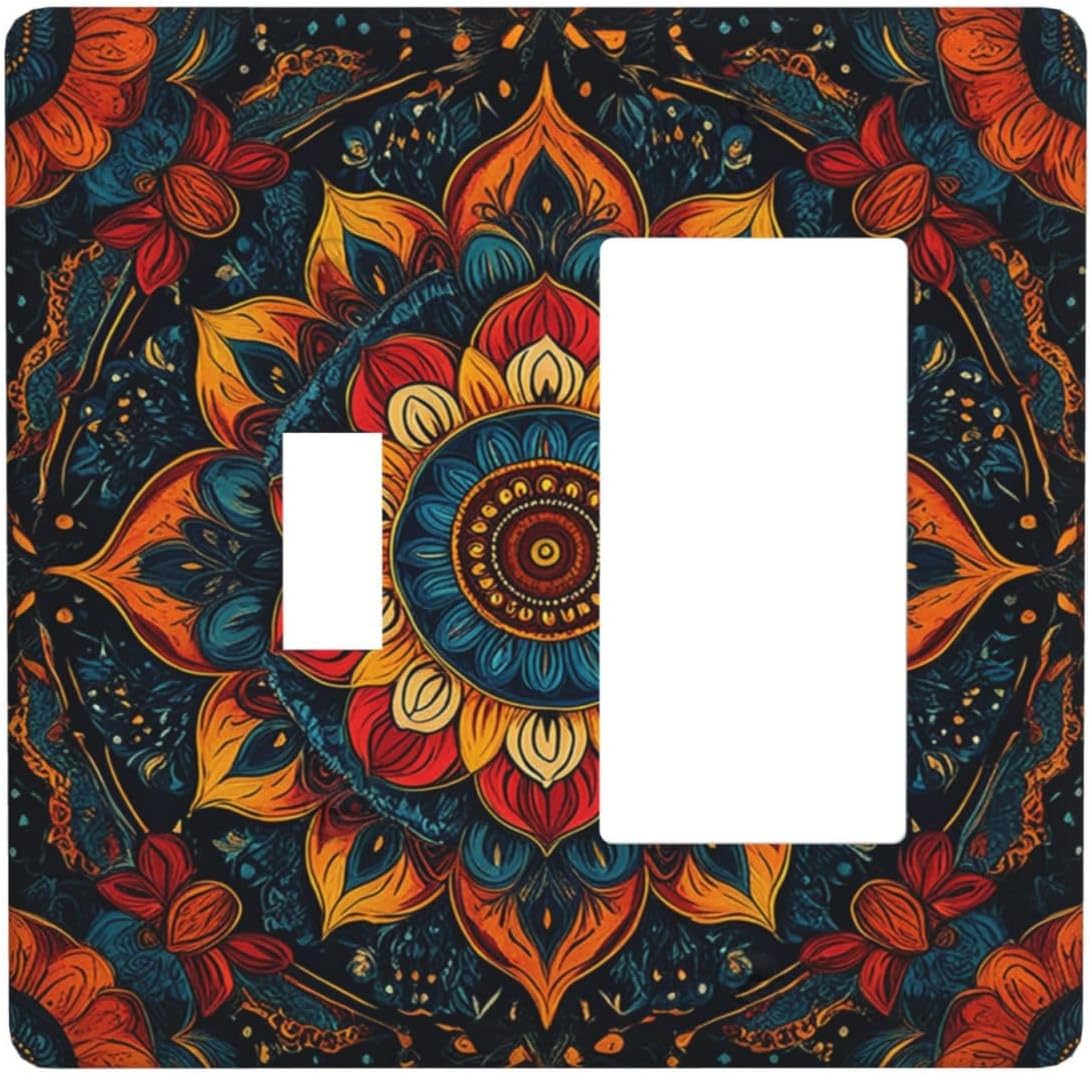 Boho Colorful Mandala 2 Gang Combo 1 Toggle 1 Rcoker Light Switch Covers Decorative Switch Plates Electrical Switch Plates and Outlet Covers for Home Art Decor 4.5 X 4.5 IN