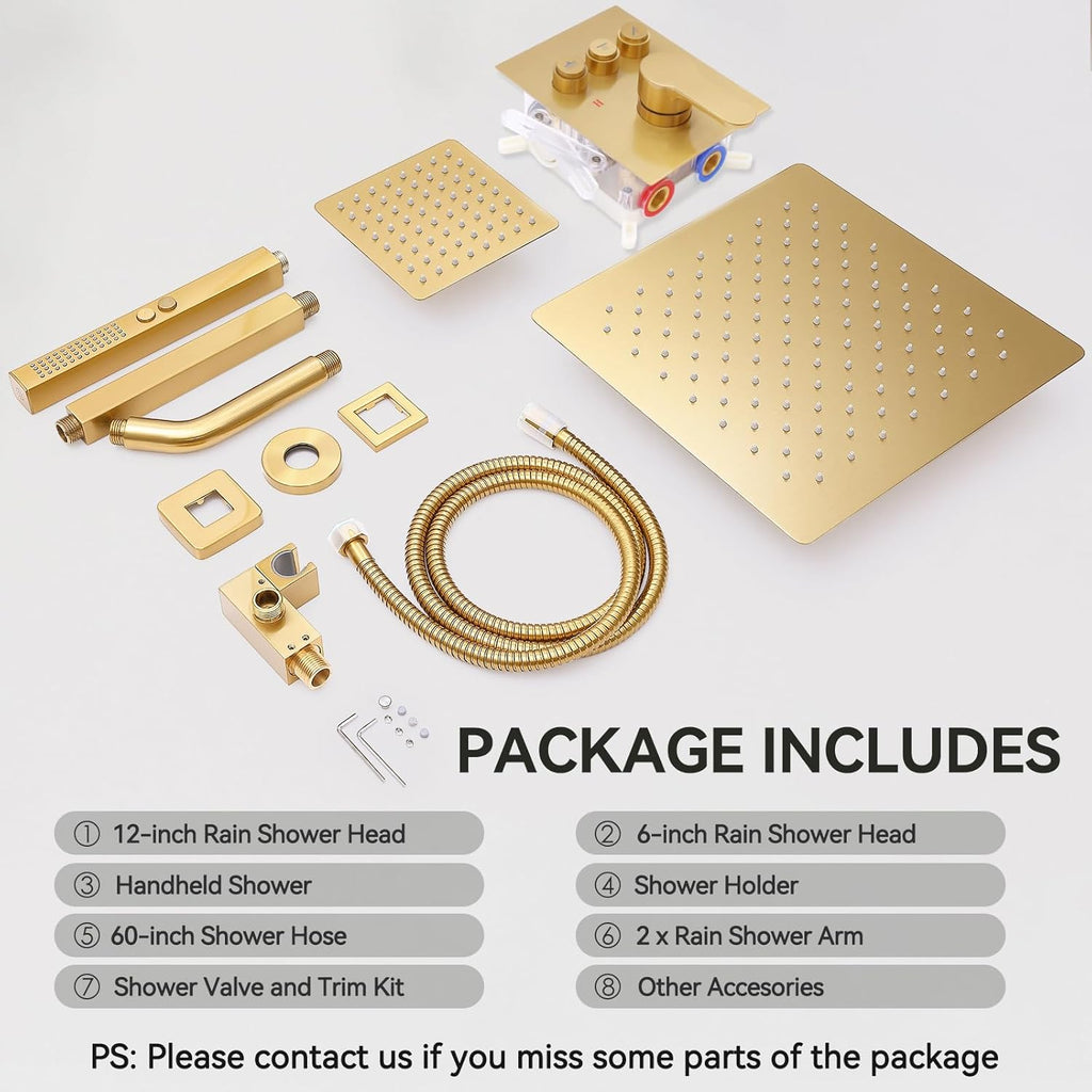 Shower Systems with Rain Shower and Handheld,STARBATH Dual Head 12+6" Rainfall Shower Can Run All Together, Ceiling Mount Shower Faucet Set with Pressure Balance Valve and Trim Kit, Brushed Gold