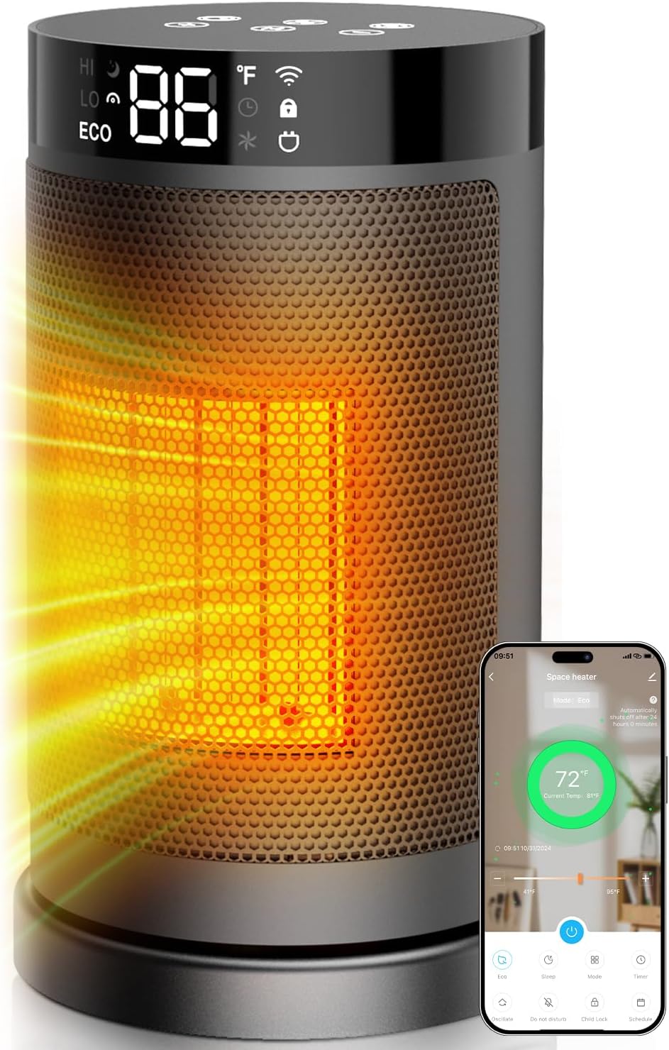 Smart Space Heater with WiFi/APP & Alexa Control, 1500W PTC Ceramic Electric Heaters for Indoor Use, 75° Wide-Angle Oscillation, 24H Timer, ECO Mode, Safe Indoor Portable Heater for Home Office