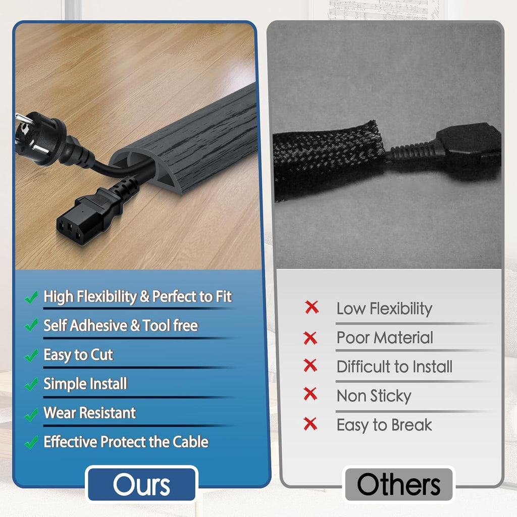 Floor Cord Cover for Wires on Floor Self Adhesive Cord Hider Floor Cable Management Wire Covers for Cords Protector Prevent Cable Trips Cord Cavity W 0.47" x H 0.27", Deep Gray Wood, 3.3Ft