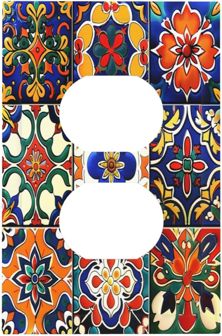 Outlet Covers Colorful Mexican Talavera Vintage Boho Floral 1 Gang Duplex Light Switch Cover Decorative Switch Plates Electrical Receptacle Faceplate Wall Plate for Kitchen Bathroom