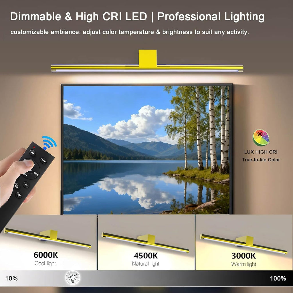 Picture Lights for Wall Battery Operated, Rechargeable Wireless Lights for Pictures on Wall with 3 Color Dimmable Remote for Painting Gallery Dartboard Poster Bedroom Frame Art Decor - Gold 16 inch