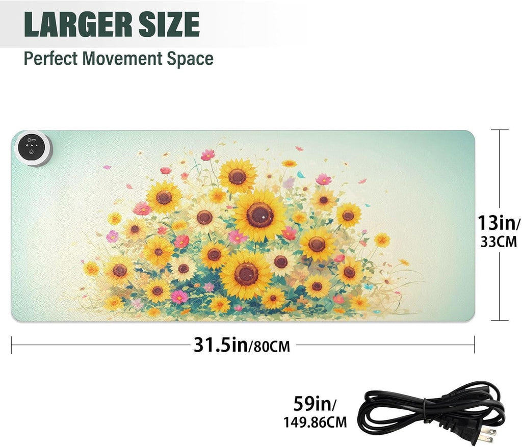Large Heated Mouse Pad,Leather Desk Mat,31.5"x13",Hand Warmer Pads for Desk,Sunflower(Yellow)