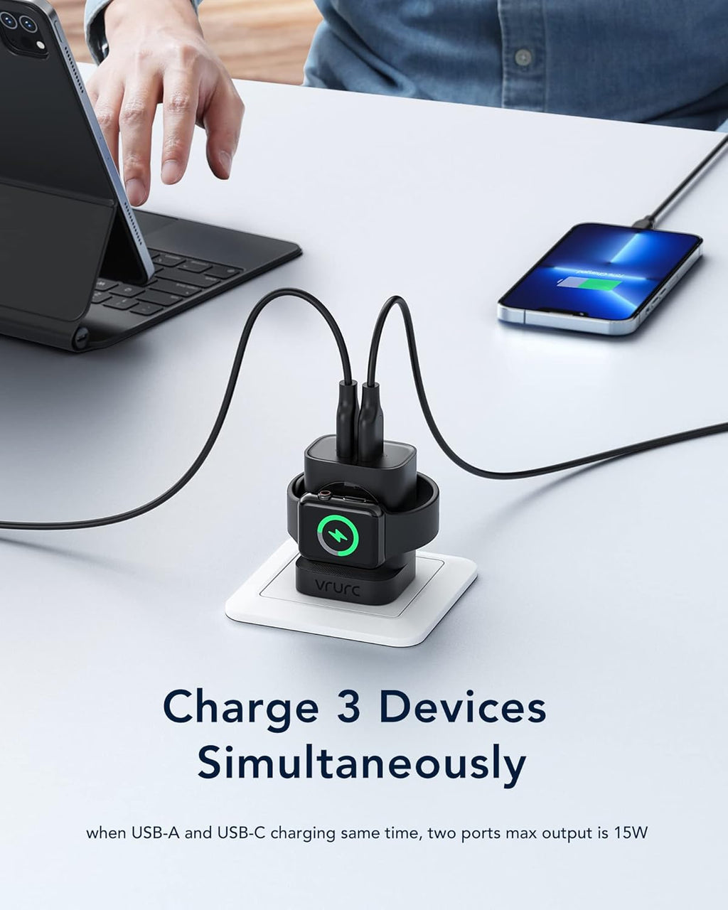 VRURC Charger for iPhone & Apple Watch, 20W USB C Fast Charging Block, 3-in-1 Compact Travel Adapter with 2 Port for iPhone 17/16/15/14/13, Wireless Magnetic for iWatch SE/11/10/9/8/7/6/5/4-Black