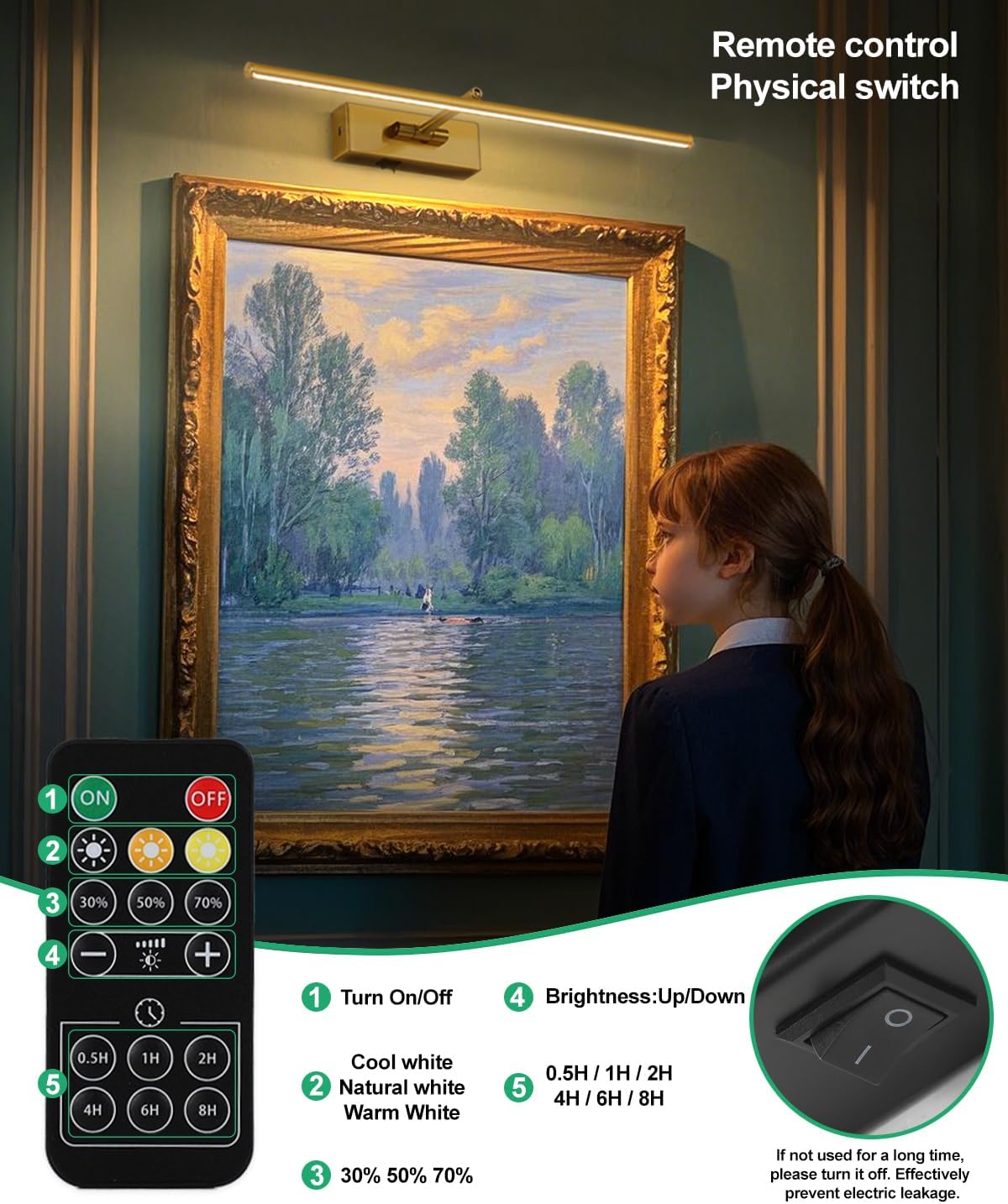 Battery Operated Picture Light with Wireless Remote 3CCT Dimmable Gold Wall Art Lights for Paintings 3 Color Rechargeable cordless decor Gallery Light 20’‘ Artwork Lighting for Canvas Timer Function