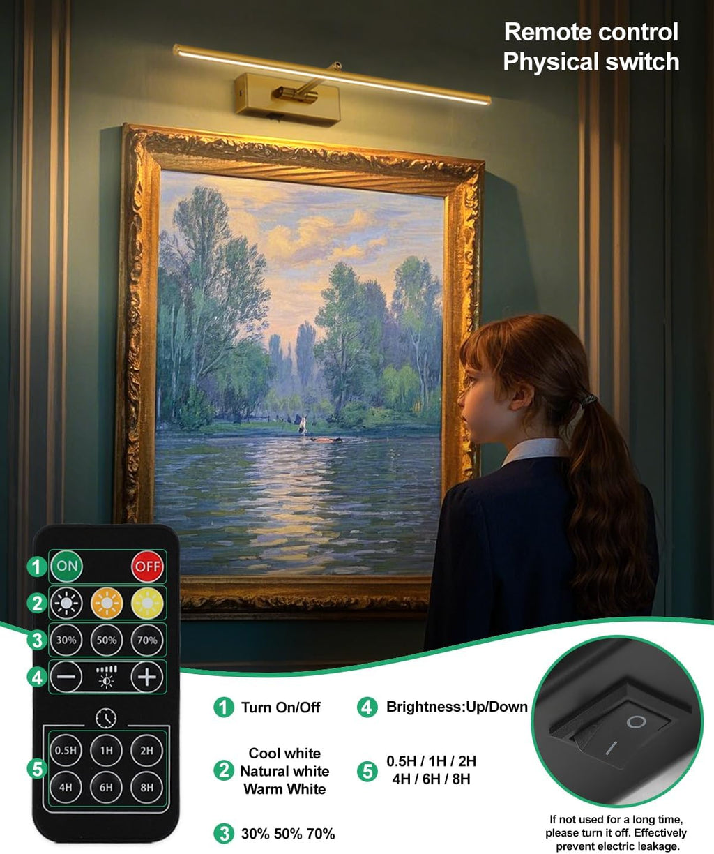 Battery Operated Picture Light with Wireless Remote 3CCT Dimmable Gold Wall Art Lights for Paintings 3 Color Rechargeable cordless decor Gallery Light 16’‘ Artwork Lighting for Canvas Timer Function