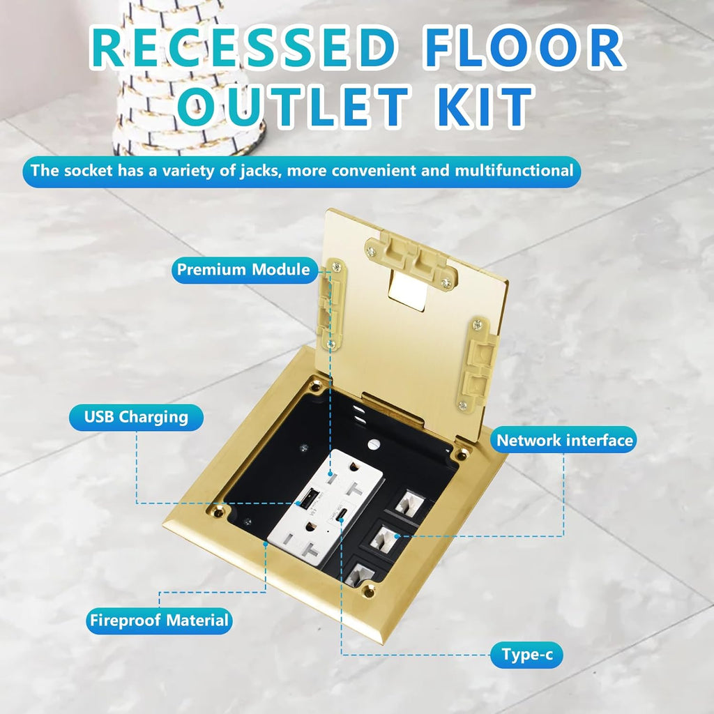 KYHSHJ Recessed Flat Hidden Socket Kit with 2 * 20A Receptacle，4.8A 1 USB-A Ports &1 USB-C Port+3-Port RJ45 Datacom Receptacle. Internal Height Adjustable，Corrosive Resistant Hardware,Brass
