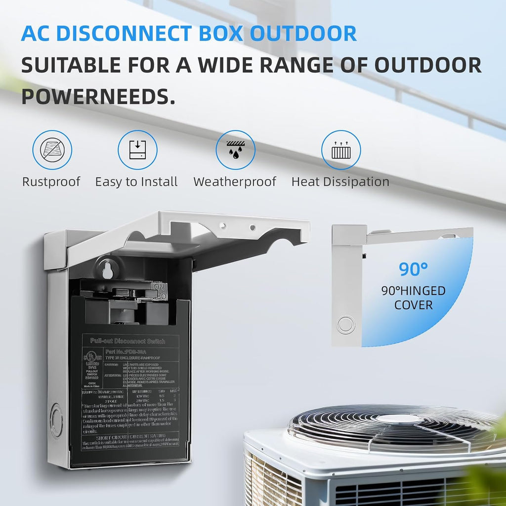 30 Amp AC Disconnect Switch Outdoor 120/240VAC Pull Out Switch Waterproof Metal Box for Air Conditioning Non-Fused