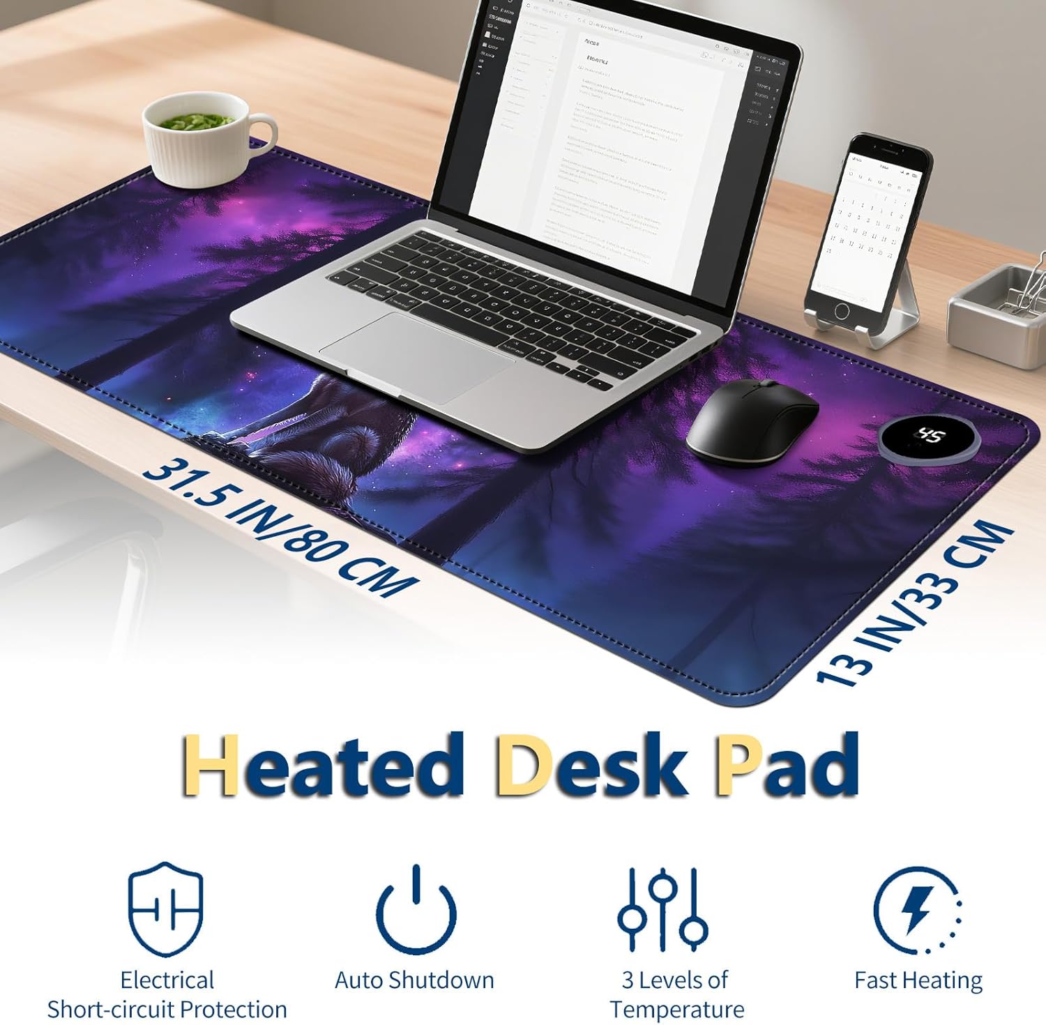 Heated Mouse Pad with 3 Temperature Settings(104°F–122°F),Large 31.5x13 Inch PU Leather Heated Desk Mat,Waterproof Warming Pad for Office,Gaming & Cold Hands Relief,Moon Wolf Howling