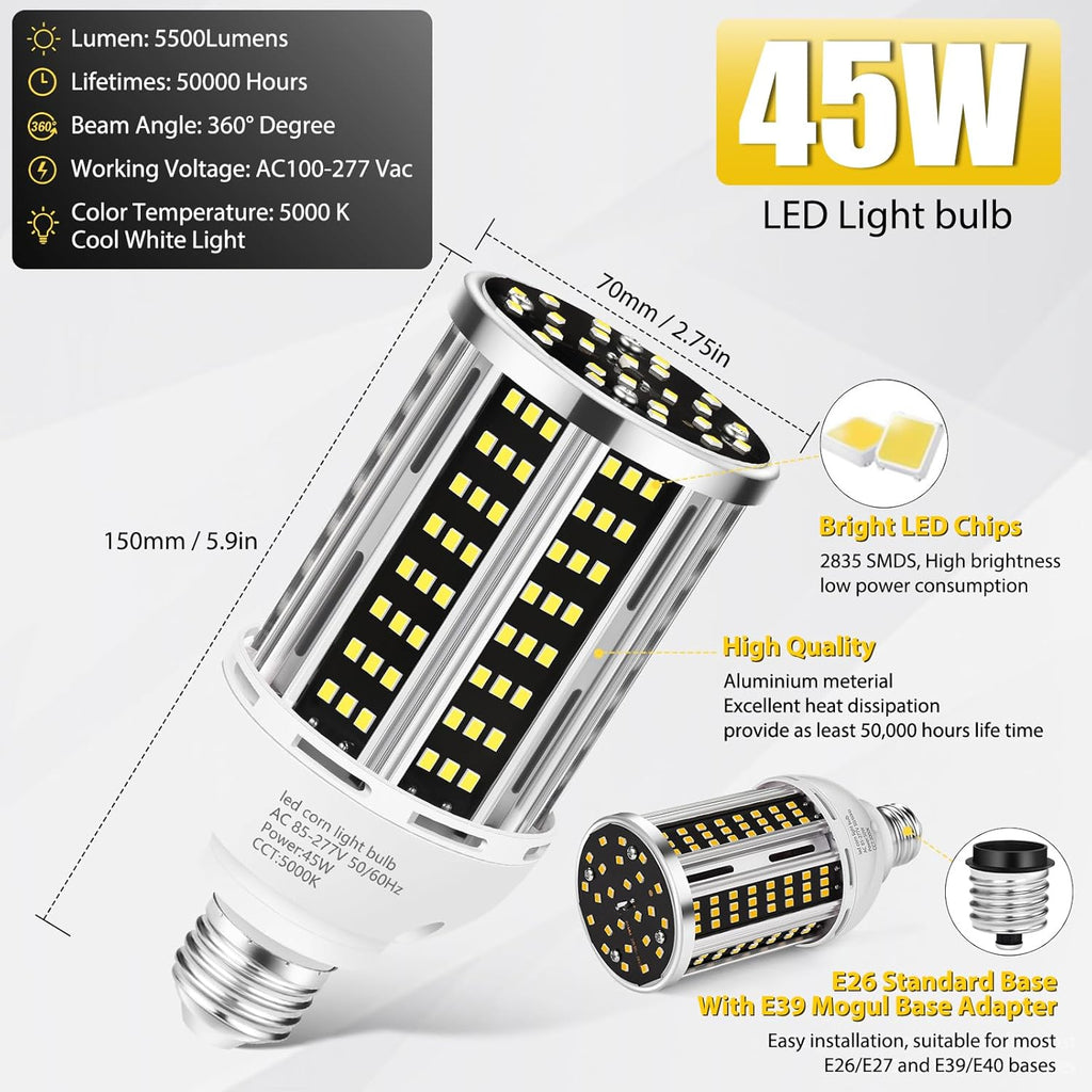 45W LED Corn Light Bulb 2 pack,400W Equivalent 5000K Commercial Grade Daylight E26/E39 6000LM Medium Mogul Base LED Lamp,Large Area Lights For Outdoor Indoor Garage Warehouse street Factory Bay Light