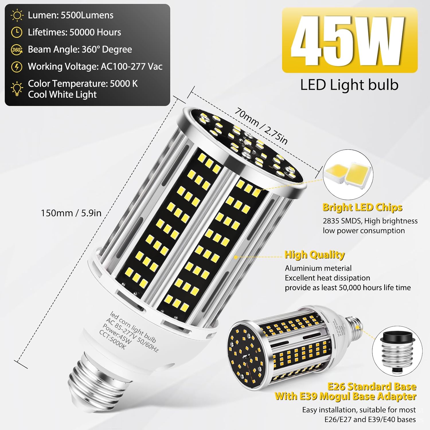 45W LED Corn Light Bulb 2 pack,400W Equivalent 5000K Commercial Grade Daylight E26/E39 6000LM Medium Mogul Base LED Lamp,Large Area Lights For Outdoor Indoor Garage Warehouse street Factory Bay Light