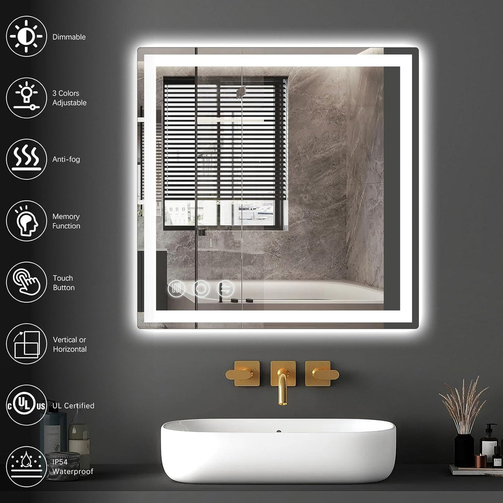 LED Bathroom Mirror 24"x 24" with Frontlit and Backlit, Anti-Fog Bathroom Vanity Mirror,Stepless 3 Colors Temperature & Dimmable Wall Mounted Mirror,Memory Tempered Glass Mirror for Bathroom