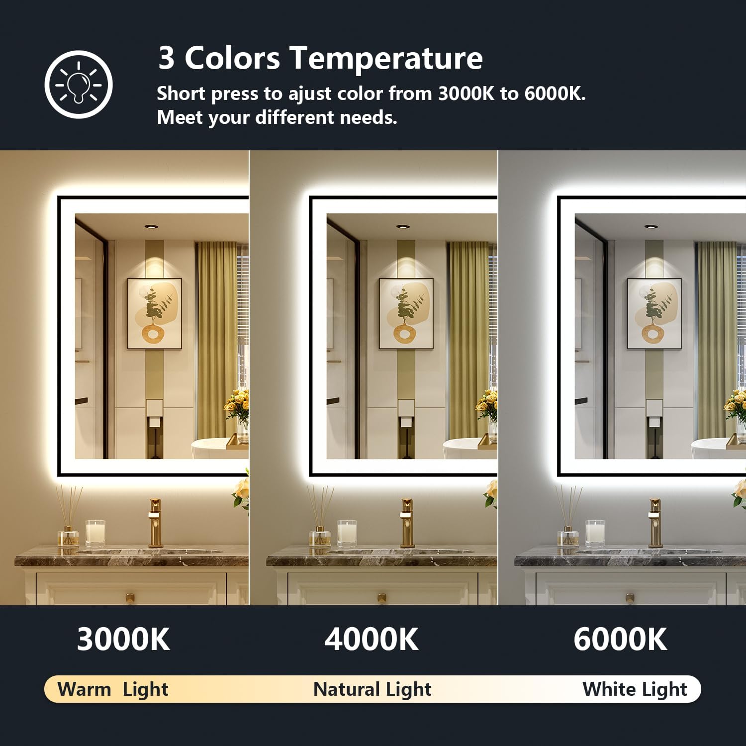 48x32 Inch LED Bathroom Mirror with Lights (Front Lit and Backlit) Black Framed Lighted Vanity Mirror for Bathroom Wall Dimmable Anti-Fog Memory Tempered Glass Horizontal/Vertical