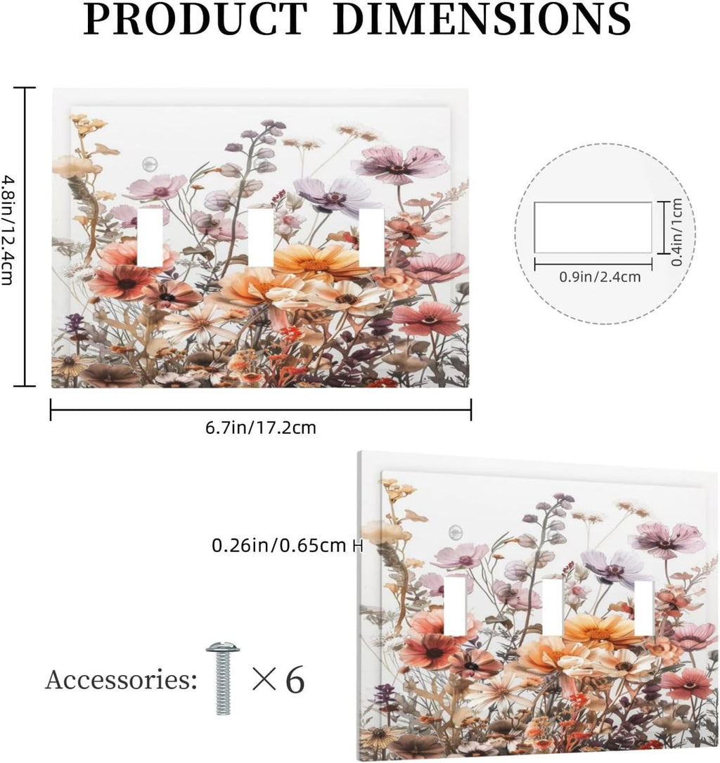 Boho Nursery Wildflower Flora Vintage Flower Decorative Switch Plates 3 Gang Wall Plate Triple Toggle Light Switch Cover Faceplate Electrical Wall Panels for Bedroom Living Room Decor