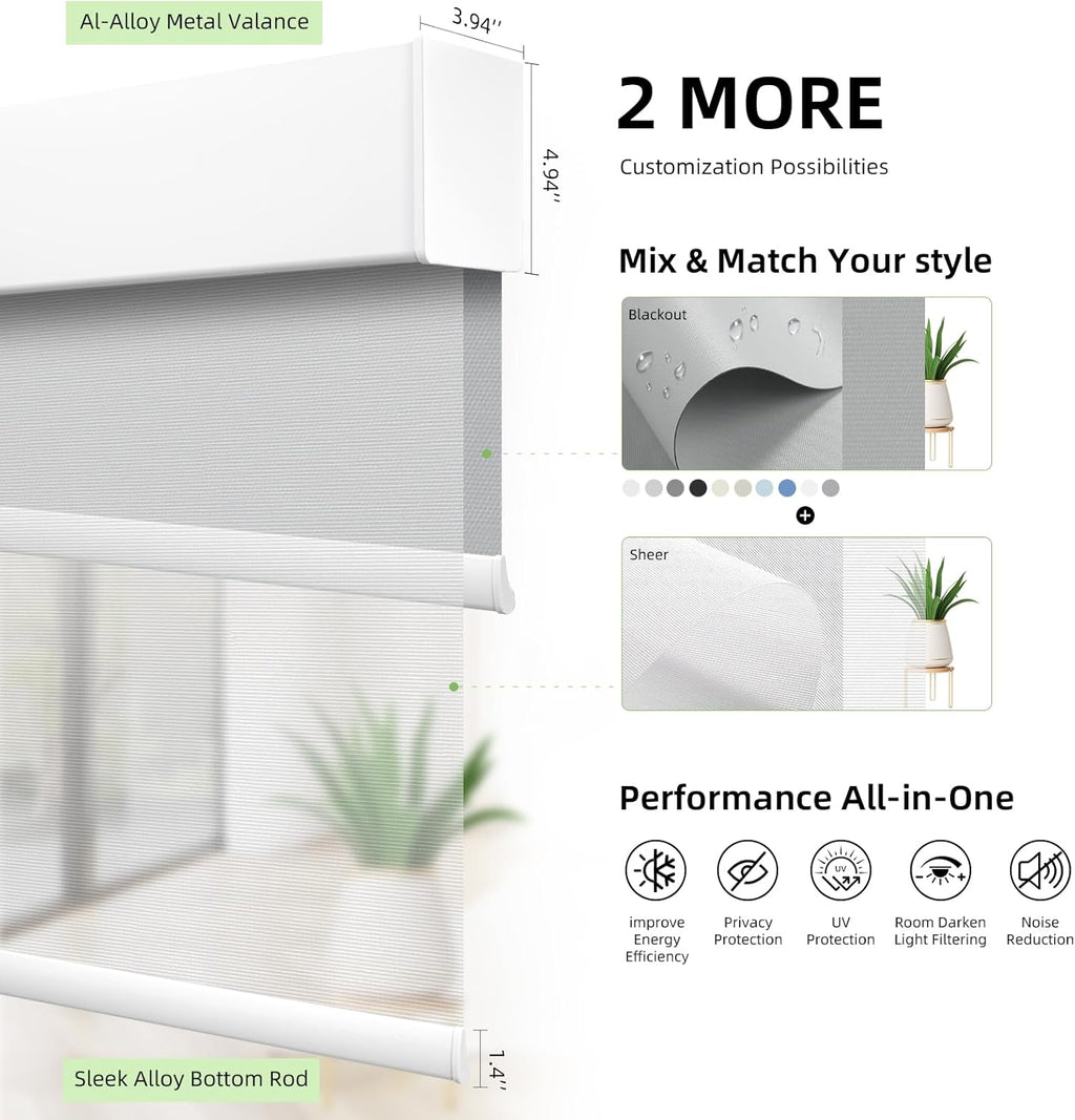 ZSTARR Motorized Day and Night Dual Smart Blind for Window with Valance Rechargeable Motor,Blackout Roller Shade Custom Size,with Valance Suitable for Home,Office (Full Blackout Light Grey)