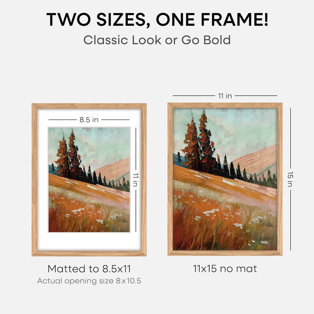 Homeforia 11x15 Picture Frame Wood, High End Natural Oak 11x15 Light Wooden Poster Frames with Mat 8.5x11, 11 x 15 Frame Matted to 8.5 x 11 Photo, 15x11 Thin Frames, Tempered Glass, Wall Kit, Set of 1