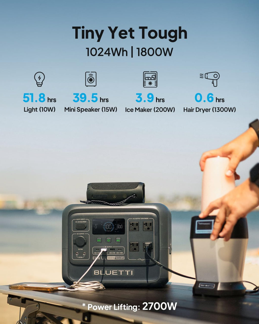 BLUETTI Elite 100 V2 Portable Power Station (2025 New), 1024Wh LiFePO4 Battery Backup w/ 4 1800W AC Outlets (3600W Surge), 35% Smaller, Solar Generator for Camping, Outages, and UPS Backup