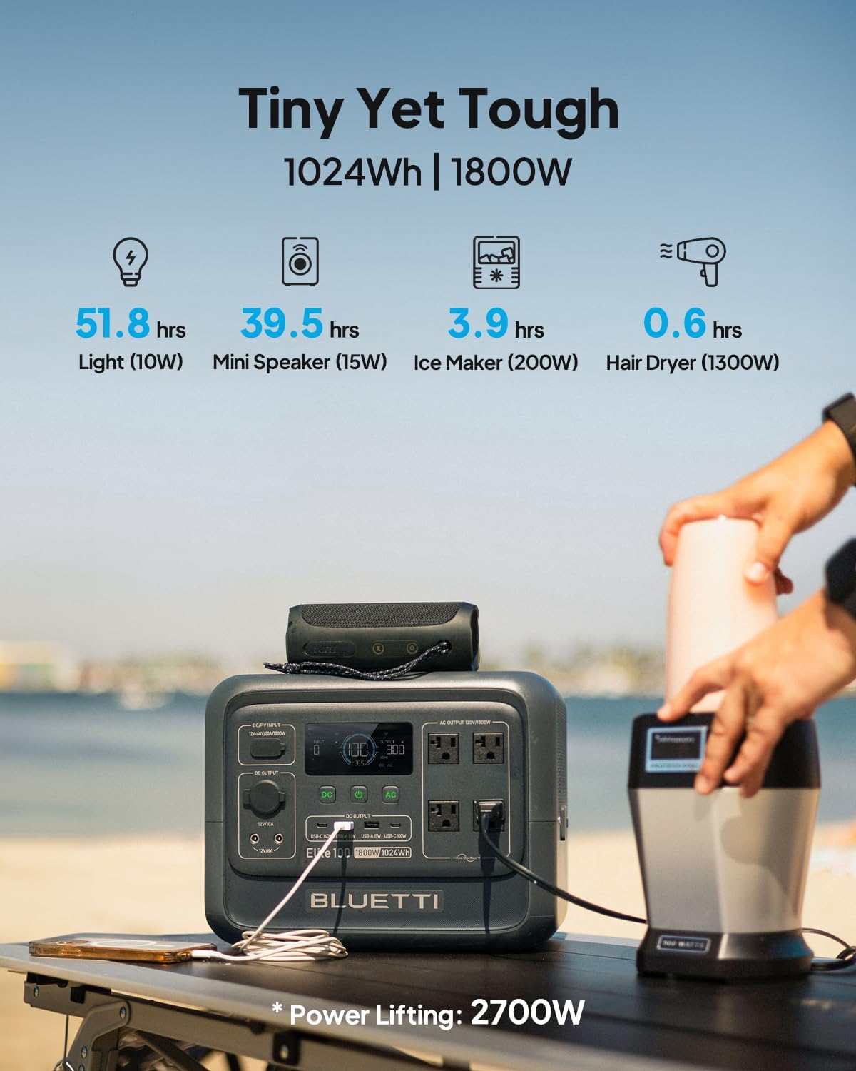BLUETTI Elite 100 V2 Portable Power Station (2025 New), 1024Wh LiFePO4 Battery Backup w/ 4 1800W AC Outlets (3600W Surge), 35% Smaller, Solar Generator for Camping, Outages, and UPS Backup