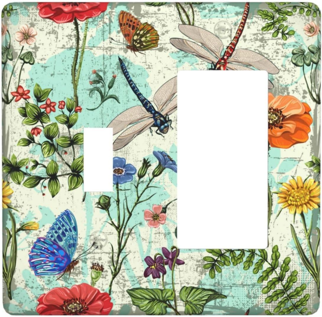 Dragonflies Flowers Butterfly 1 Toggle 1 Rocker Outlet Light Switch Cover Decorative Wall Plate Cover For Home Living Bedroom Kitchen Decorative