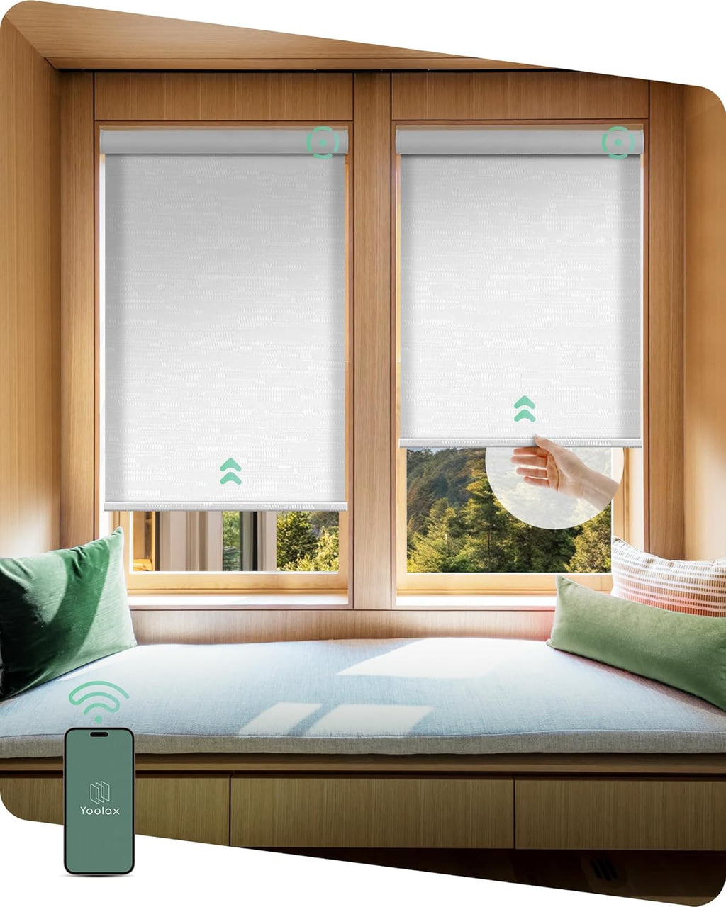 Yoolax Motorized Shades Dual Control, MotionFlex Motorized Roller Shades with App & Manual Control, Pull Down Automatic Shades for Indoor Windows, Custom Size(Light Filtering Jacquard White)