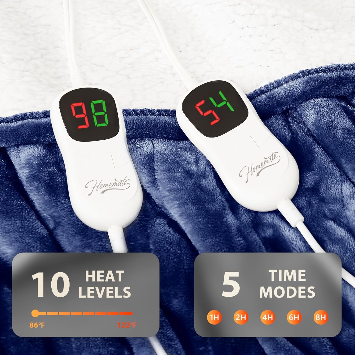 Homemate Electric Heated Blanket King - 100"x90" Heating Bed Blankets Throw with 10 Heating Levels 8 Hours Auto Off Fast Heating Over-Heated Protection Ultra Soft Warm Flannel ETL Certified Navy Blue