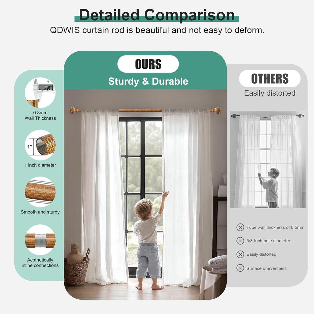Imitation Wood Grain Ball Curtain Rods for Windows 28 to 48 Inch,1 Inch Heavy Duty Adjustable Wood Curtain Rod,Boho Decorative Drapery Rods Set with Brackets,Size:18''-45''