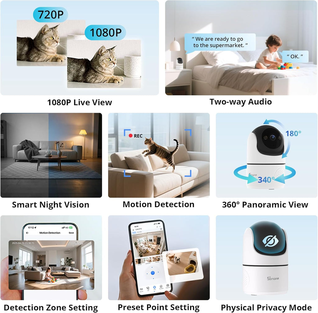 SONOFF Indoor Security Camera 1080P, CAM-PT2 Pan Tilt WiFi Camera with 360° View, Motion Tracking, Color Night Vision, 2-Way Audio, Privacy Mode, Compatible with Alexa & Google Home