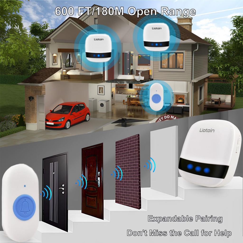 Caregiver Pager Wireless Call Button Call Bell Call Light Alert Button for Home/Elderly/Patients/Disabled Nurse Alert System Emergency Button 3 Plugin Receivers 5 Waterproof Transmitters