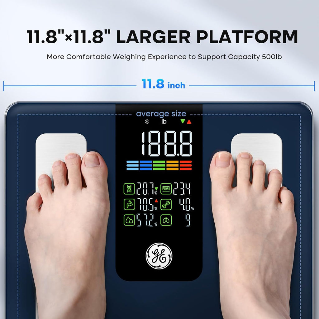 GE Smart Scale for Body Weight, BMI, Body Fat, Muscle Mass, Digital Bathroom Scales 500lbs for Bluetooth Weight Monitor 11.8" Large Platform Weighing Machine Health Analyzer with App, Dark Blue