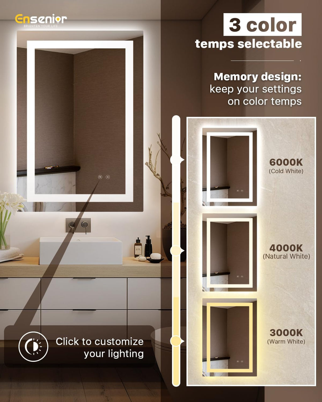 Ensenior LED Bathroom Mirror 30"x 36" with Front and Backlight, Stepless Dimmable Wall Mirrors with Anti-Fog, Shatter-Proof, Memory, 3 Colors, Modern LED Vanity Mirror-FCC