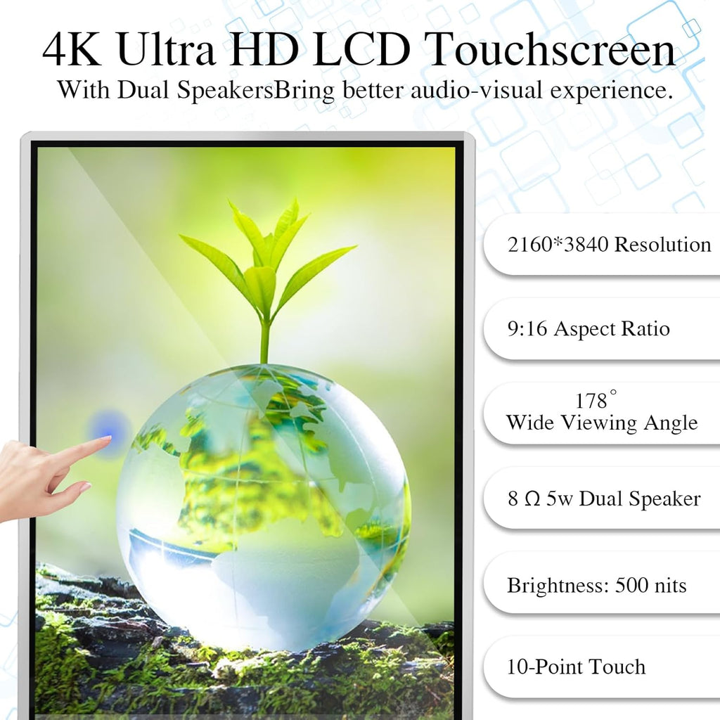 65" 4K LCD Touchscreen Digital Signage Display, Indoor Floor Standing Advertising Player, Commercial Digital Signage Kiosk with Auto AD Player, HDMI WiFi Bluetooth Input, Android 12.0 Black