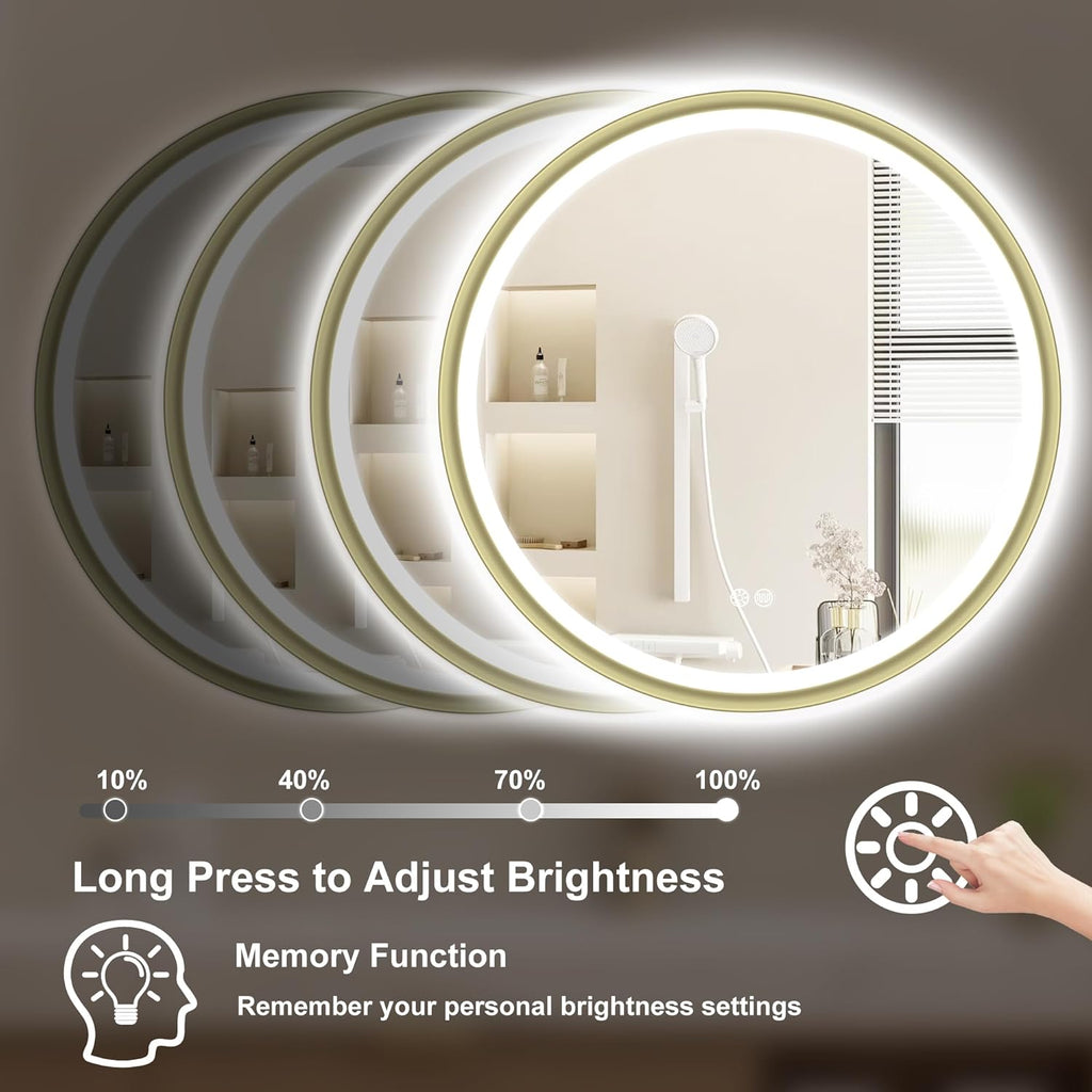 S'bagno 32" Round Gold LED Mirror for Bathroom With Frontlit & Backlit, Metal Frame, Anti-Fog, Stepless Dimmable, 3 Colors Temperature Vanity Mirror