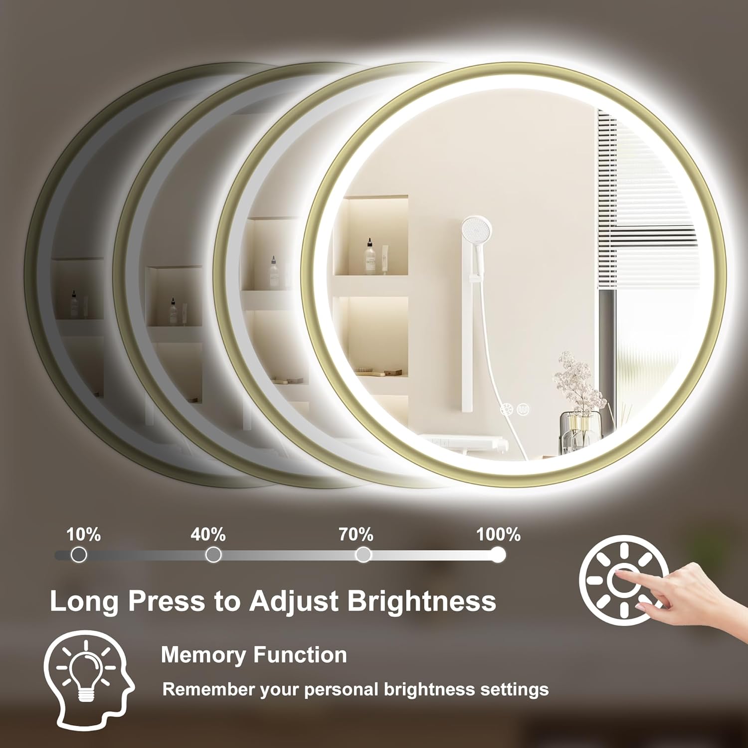 S'bagno 32" Round Gold LED Mirror for Bathroom With Frontlit & Backlit, Metal Frame, Anti-Fog, Stepless Dimmable, 3 Colors Temperature Vanity Mirror