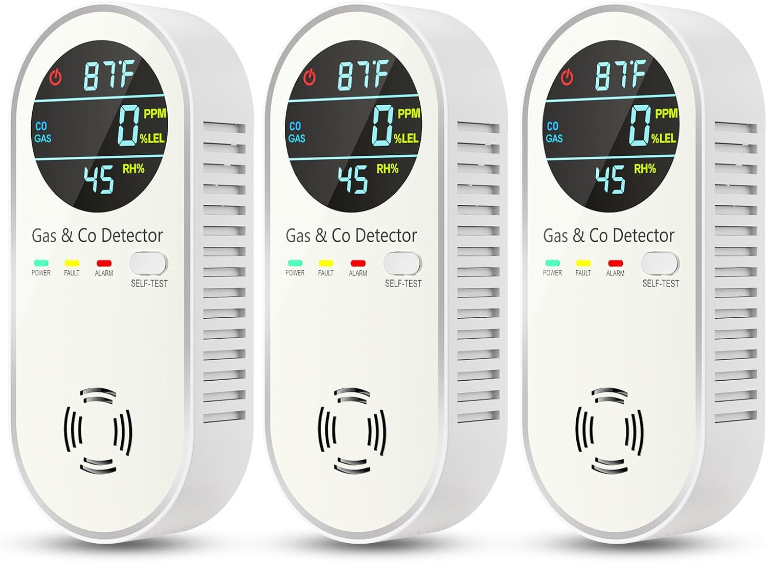 4-in-1 Combination Carbon Monoxide Detectors & Natural Gas Leak Detector - Carbon Monoxide Detectors Plug in - Dual Sensor Gas & Co Detector - Temperature & Humidity Detectors for Home & RV (3 Packs)