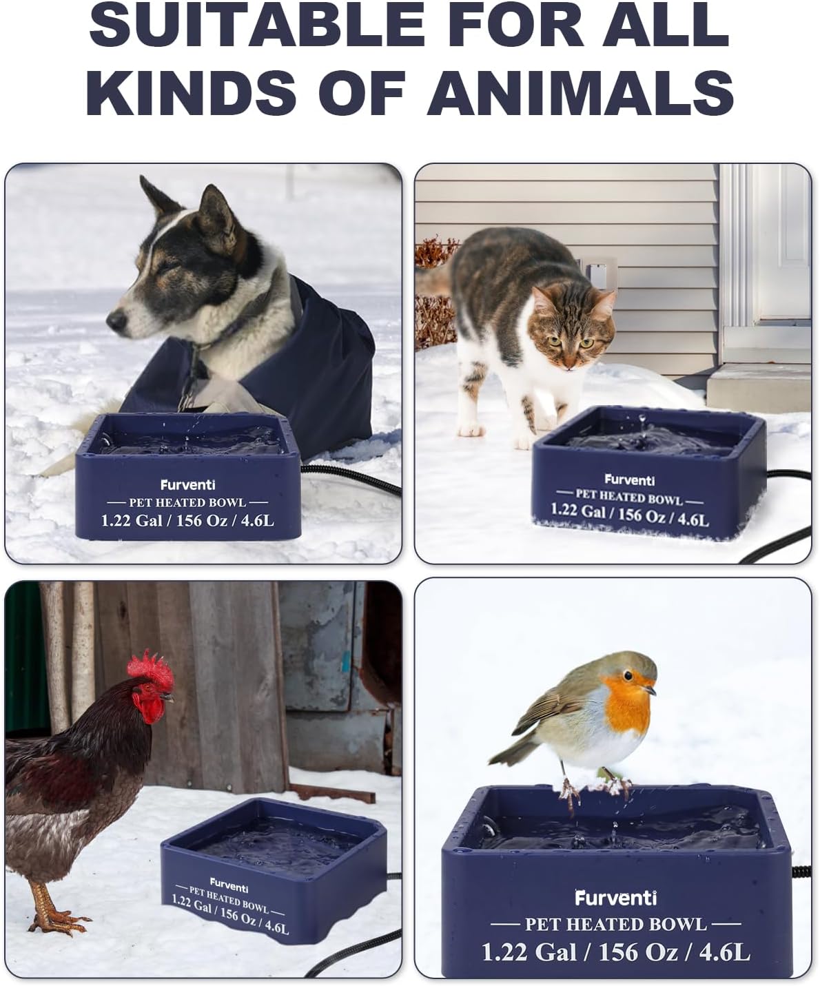 Heated Water Bowl for Dog Cat,1.22 Gallon,Outdoor Waterproof Heated Pet Water Dish with 79" Chew Resistant Cord for Rabbit, Chicken, Duck, Squirrel (Navy Blue)