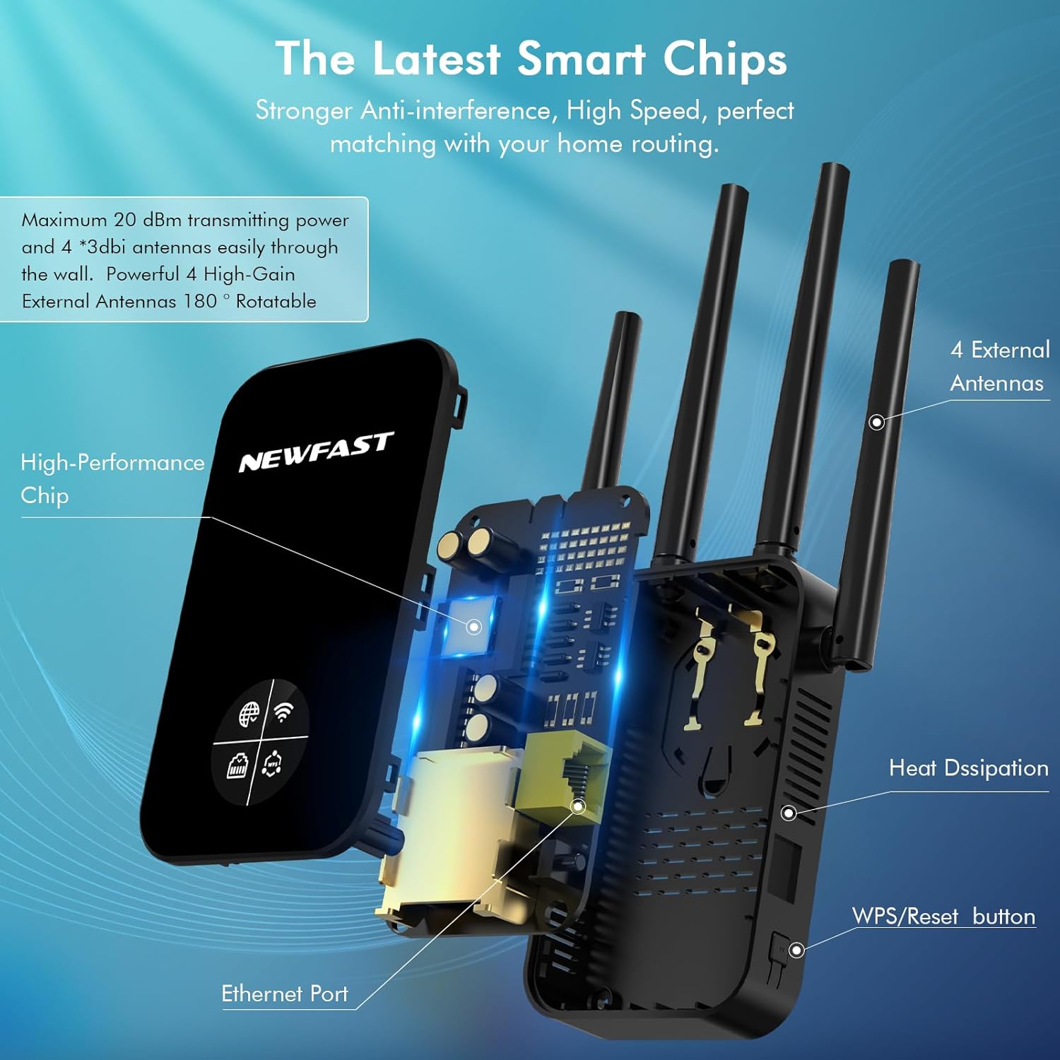 NEWFAST WiFi Extender Signal Booster RE523,1200Mbps Dual-Band WiFi Repeater,5GHz/2.4GHz WiFi Extender Supports WPS,MU-MIMO,Repeater/Router/AP Mode,Suitable for Home