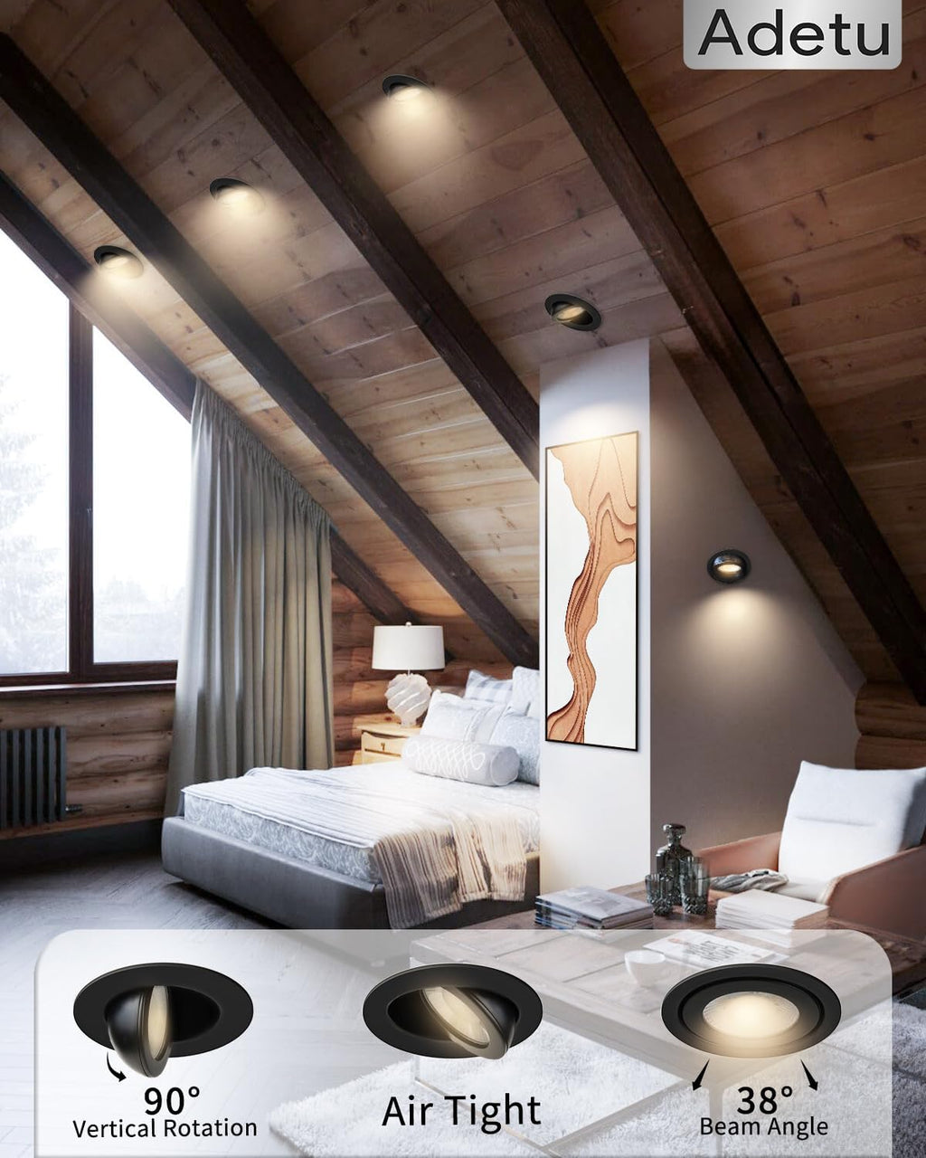 Adetu 3 Inch 5CCT Gimbal Black Led Recessed Lighting with Junction Box, 2700K/3000K/3500K/4000K/5000K, 7W Eqv 80W, 360°+90° Adjustable Led Recessed Lights, 798LM Brightness - ETL (Black, 6 Pack)