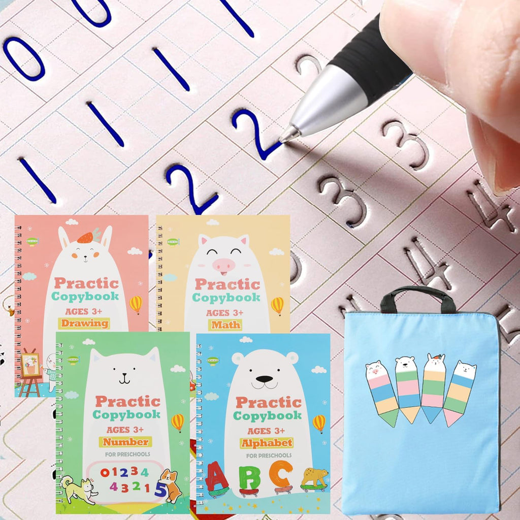 Upgraded Large Size Magic Practice Writing Copybook, Reusable for Kids, Reusable Copybook Preschool for Kids Age 3-8 Calligraphy(4 Books with Pens)-Blue Bag