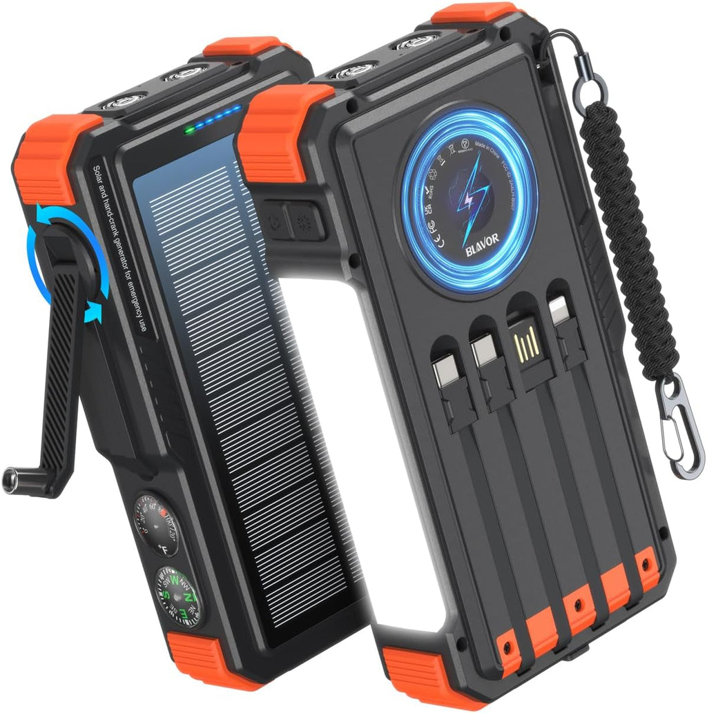 BLAVOR Solar Power Bank with Hand Crank and 4 Cables, 20000mAh Wireless Portable Charger with USB C & Camping Light, 20W Fast Charging Battery Pack for iPhone, iPad, Samsung, All Mobile Phones