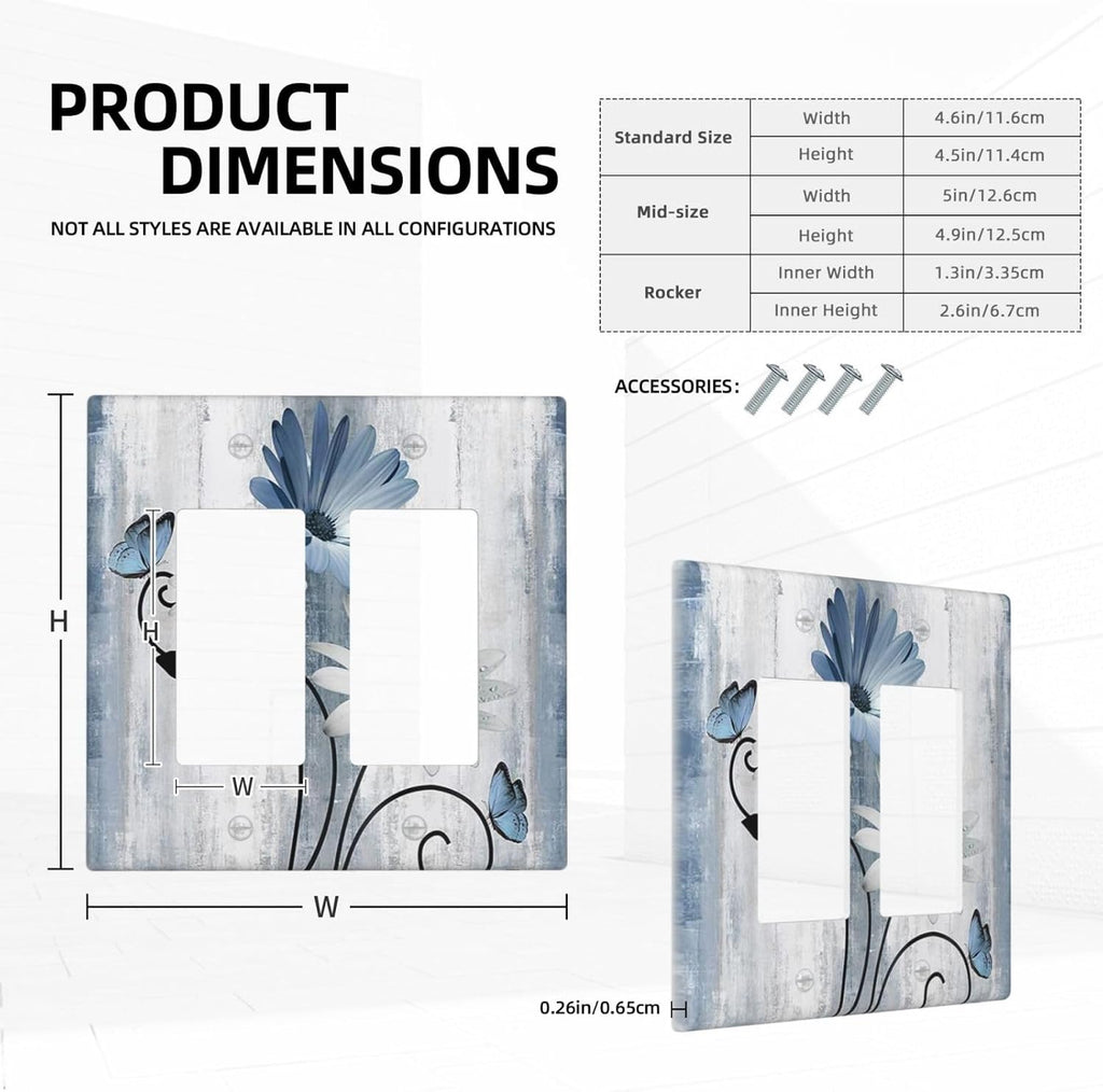 Decorative Outlet Covers Rustic Blue White Daisy Ink Flower 2 Gang Light Switch Cover Plate Double Rocker Wall Plates for Electrical Outlets Switch Plate Covers for Bedroom Home Decor