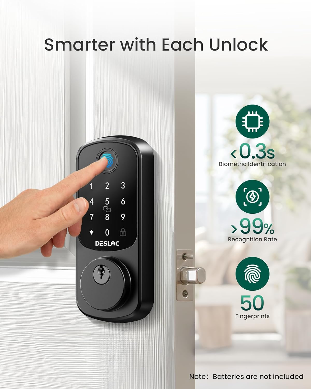 DESLOC Smart Lock B200 WiFi Version, Fingerprint Keyless Entry Door Lock, App Remote Control, Smart Locks for Front Door, WiFi Deadbolt Smart Lock, Emergency Power Port,12 Months Battery, Auto Lock