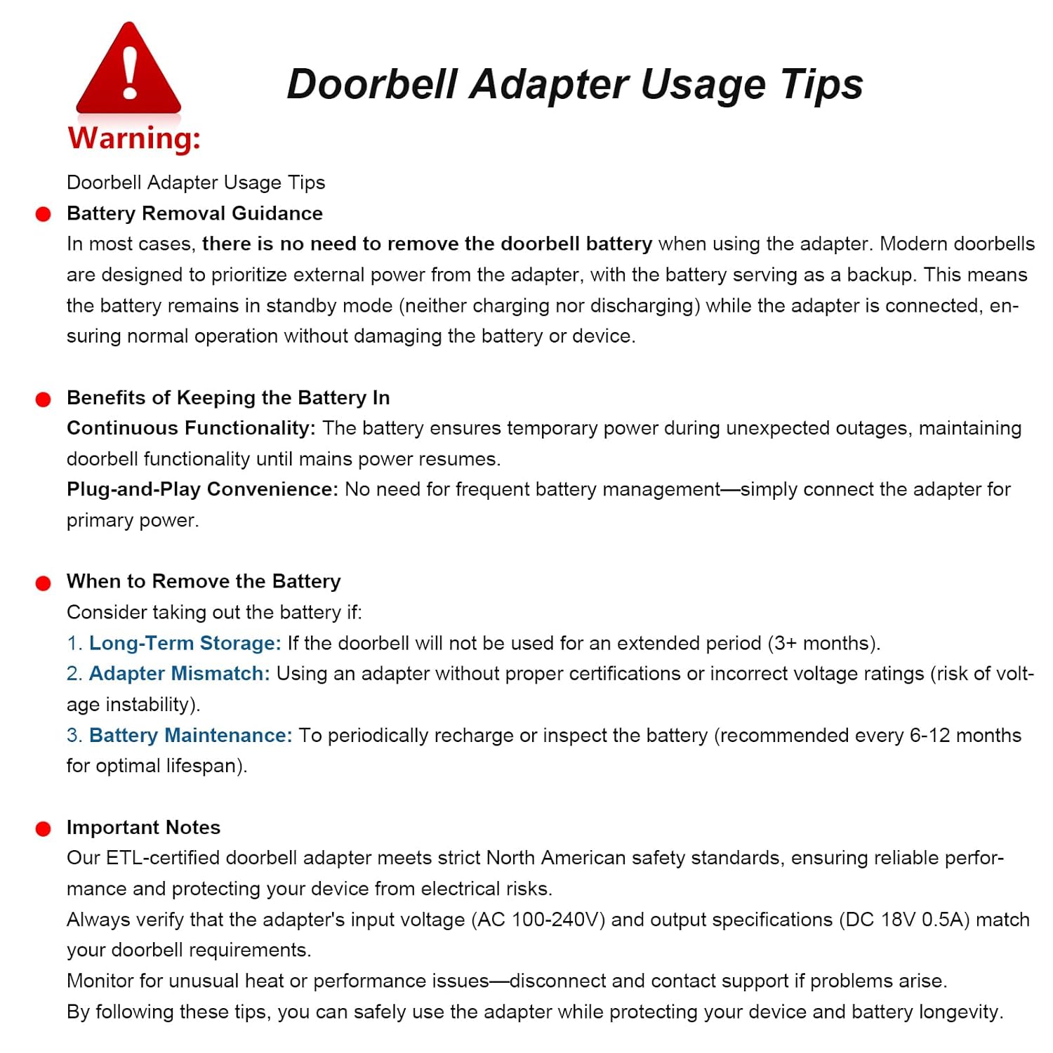 18V 500mA Doorbell Adapter 33 Feet Extra Long Cable ETL Certification Video Doorbell Power Adapter Compatible with Ring Video Doorbell, Video Doorbell 2, Video Doorbell Pro